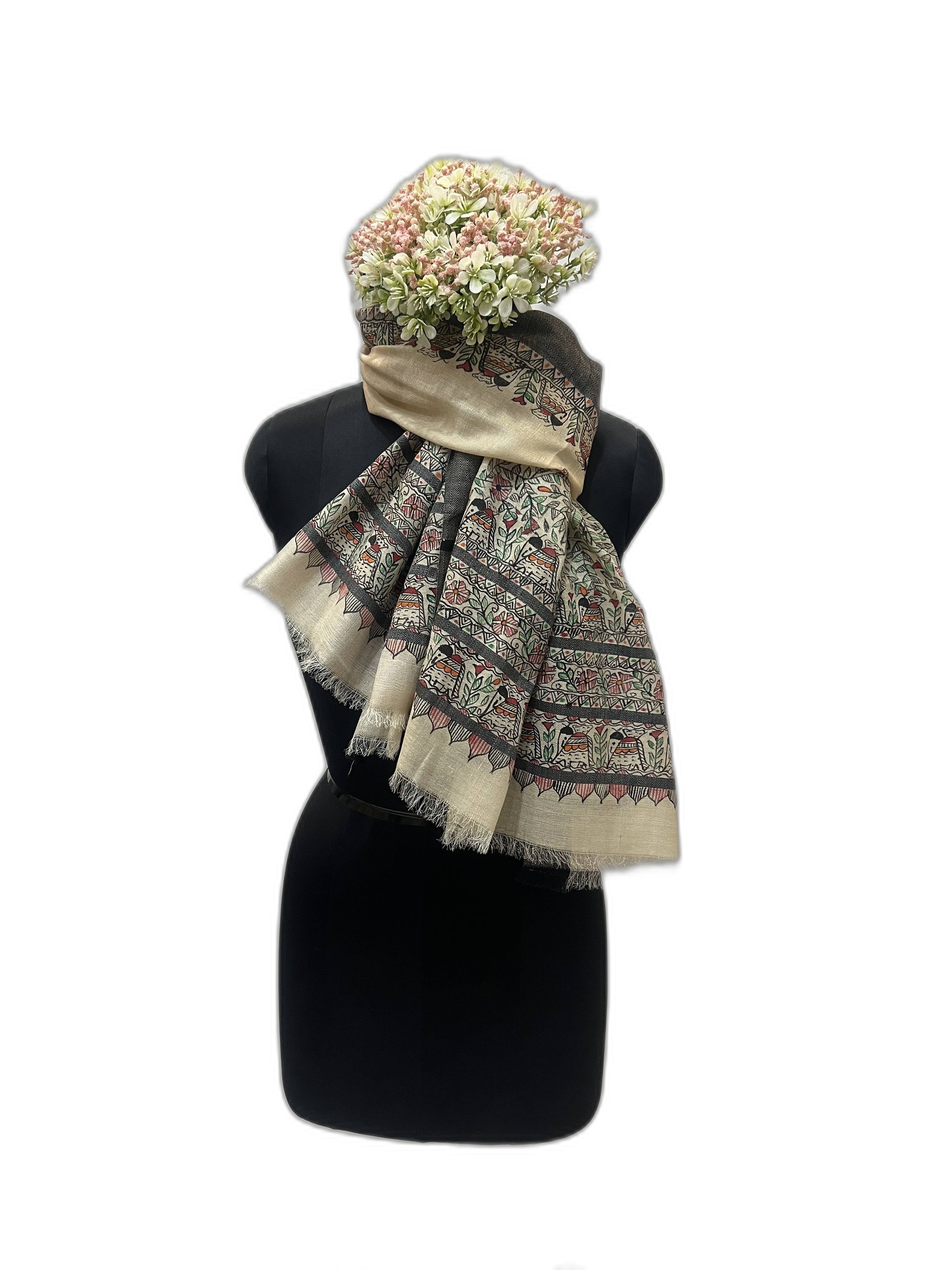 Madhubani Tussar Munga Silk Stole in Natural Tussar with Black Weaved Border